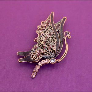 Vintage Art Nouveau Butterfly Pink Rhinestone Gold Tone Brooch - Q9